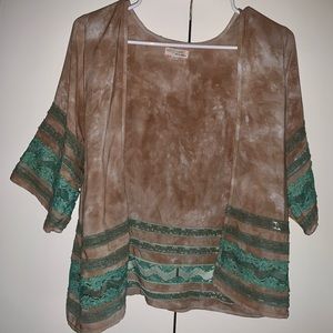 BUCKLE Wyld Hart Tan Cream Turquoise Lace Embellished Kimono Cardigan. SMALL